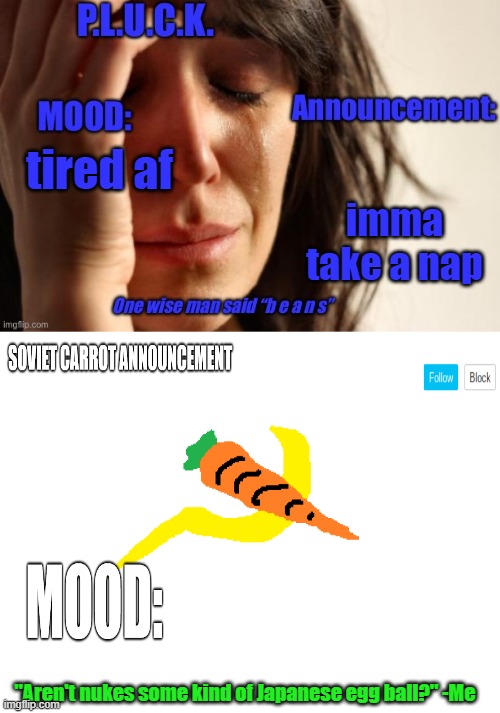 P.L.U.C.K. and soviet-carrot/CommunityModerator12 announcements | tired af; imma take a nap | image tagged in p l u c k and soviet-carrot/communitymoderator12 announcements | made w/ Imgflip meme maker