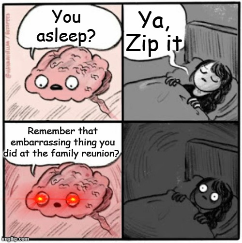 Extended Family | Ya, Zip it; You asleep? Remember that embarrassing thing you did at the family reunion? | image tagged in brain before sleep,family,remember that time,embarrassing | made w/ Imgflip meme maker
