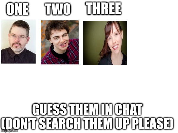 quiz | TWO; THREE; ONE; GUESS THEM IN CHAT (DON'T SEARCH THEM UP PLEASE) | image tagged in guess the voice actor | made w/ Imgflip meme maker