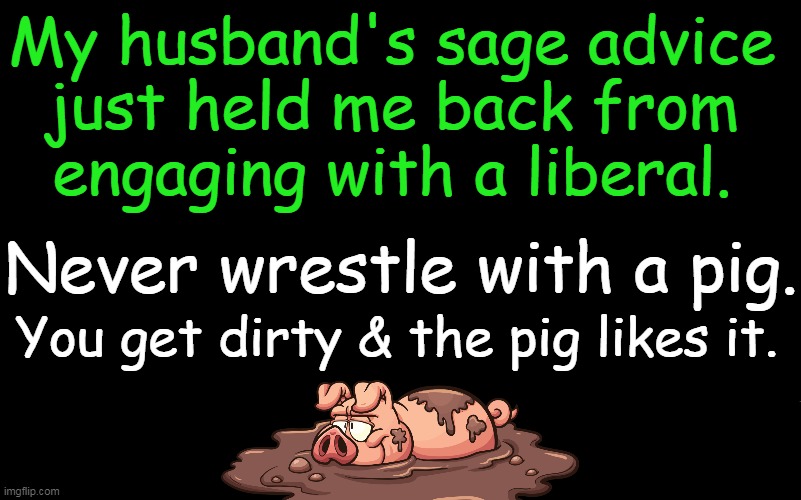 True story and might help you as well! | My husband's sage advice 
just held me back from 
engaging with a liberal. Never wrestle with a pig. You get dirty & the pig likes it. | image tagged in politics,liberals vs conservatives,true story,advice,liberal,political humor | made w/ Imgflip meme maker