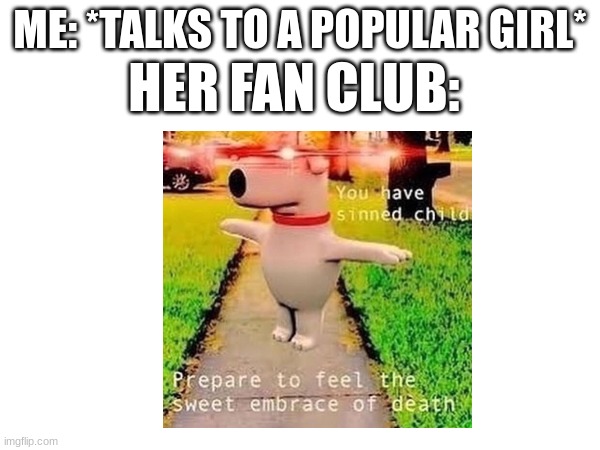 why is it always me:( | HER FAN CLUB:; ME: *TALKS TO A POPULAR GIRL* | image tagged in relatable memes,memes | made w/ Imgflip meme maker