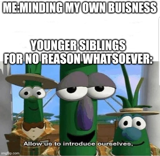 Allow us to introduce ourselves | ME:MINDING MY OWN BUISNESS; YOUNGER SIBLINGS FOR NO REASON WHATSOEVER: | image tagged in allow us to introduce ourselves | made w/ Imgflip meme maker