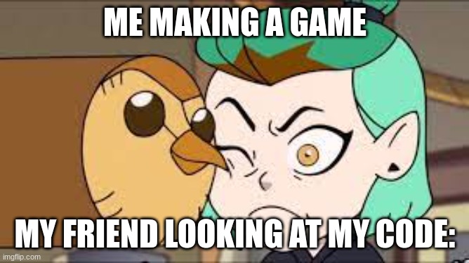 TOH | ME MAKING A GAME; MY FRIEND LOOKING AT MY CODE: | image tagged in the owl house | made w/ Imgflip meme maker