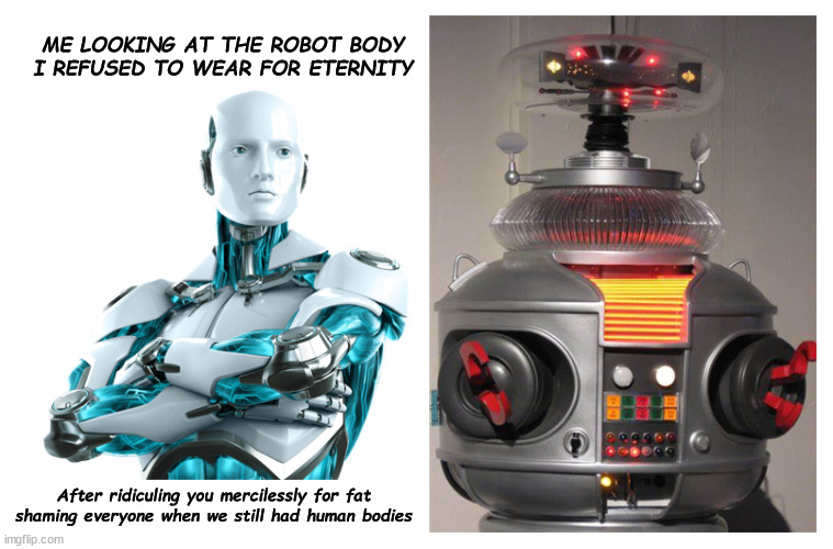 After all these years the hypocrisy finally comes out | ME LOOKING AT THE ROBOT BODY
I REFUSED TO WEAR FOR ETERNITY; After ridiculing you mercilessly for fat shaming everyone when we still had human bodies | image tagged in fat shame,robots | made w/ Imgflip meme maker