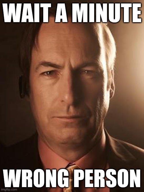 Saul Goodman | WAIT A MINUTE; WRONG PERSON | image tagged in saul goodman | made w/ Imgflip meme maker