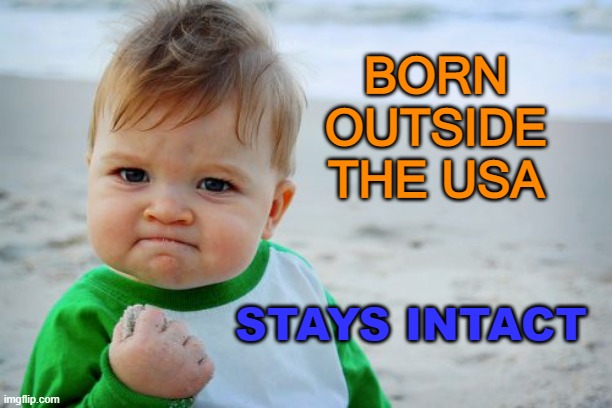 Stays Intact | BORN OUTSIDE THE USA; STAYS INTACT | image tagged in memes,success kid original | made w/ Imgflip meme maker