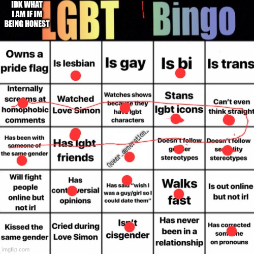 :P | IDK WHAT I AM IF IM BEING HONEST | image tagged in lgbtq bingo | made w/ Imgflip meme maker