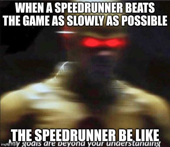 my goals are beyond your understanding | WHEN A SPEEDRUNNER BEATS THE GAME AS SLOWLY AS POSSIBLE; THE SPEEDRUNNER BE LIKE | image tagged in my goals are beyond your understanding | made w/ Imgflip meme maker