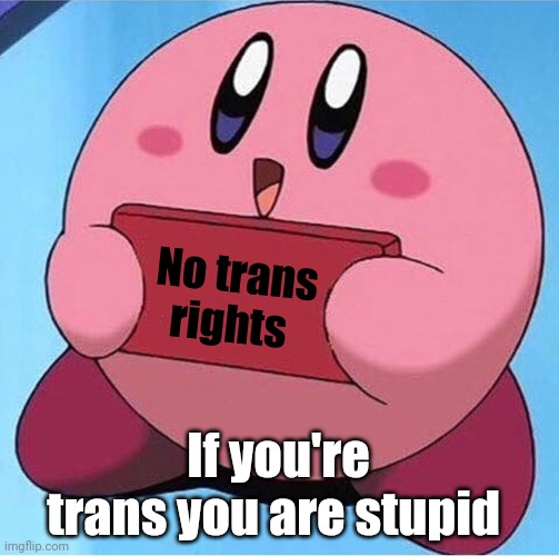 Kirby holding a sign | No trans rights If you're trans you are stupid | image tagged in kirby holding a sign | made w/ Imgflip meme maker