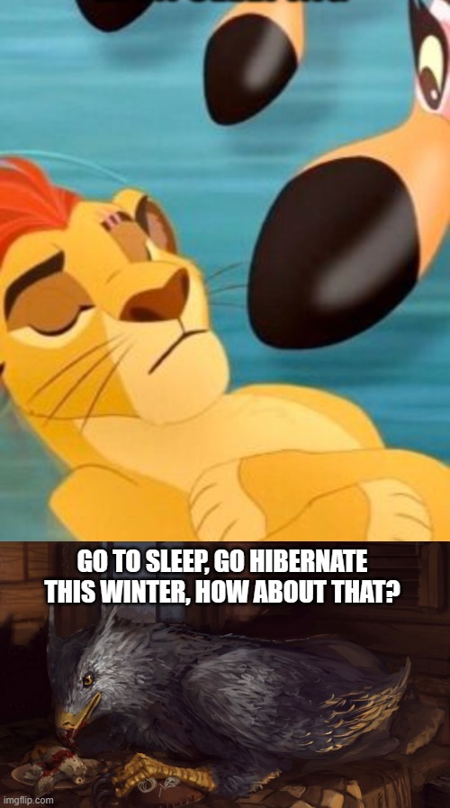 GO TO SLEEP, GO HIBERNATE THIS WINTER, HOW ABOUT THAT? | image tagged in kion sleeping for no reason,buckbeak | made w/ Imgflip meme maker