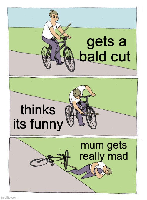 i actully did this and im waiting for my mums reaction | gets a bald cut; thinks its funny; mum gets really mad | image tagged in memes,bike fall | made w/ Imgflip meme maker