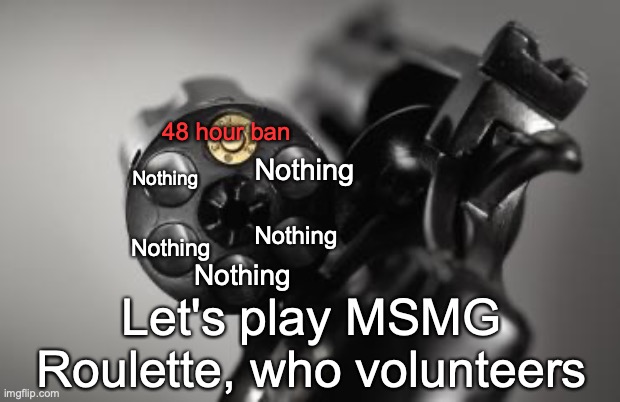 Russian Roulette | 48 hour ban; Nothing; Nothing; Nothing; Nothing; Nothing; Let's play MSMG Roulette, who volunteers | image tagged in russian roulette | made w/ Imgflip meme maker