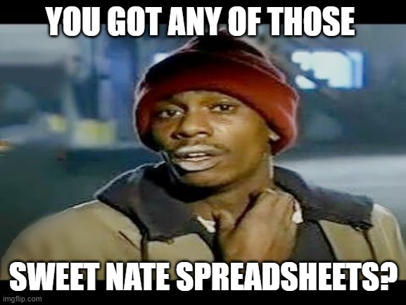 Chapelle crack | YOU GOT ANY OF THOSE; SWEET NATE SPREADSHEETS? | image tagged in chapelle crack | made w/ Imgflip meme maker