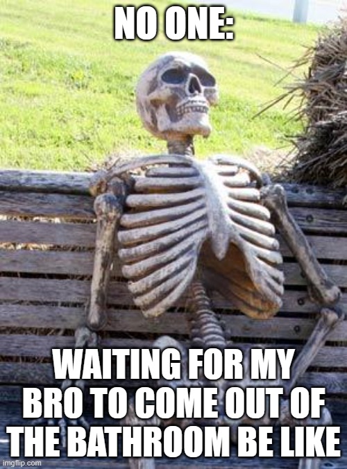 Waiting For My Bro be Like. | NO ONE:; WAITING FOR MY BRO TO COME OUT OF THE BATHROOM BE LIKE | image tagged in memes,waiting skeleton | made w/ Imgflip meme maker