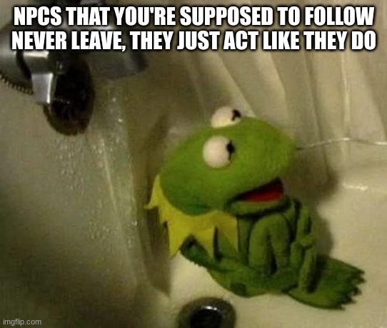 Kermit on Shower | NPCS THAT YOU'RE SUPPOSED TO FOLLOW NEVER LEAVE, THEY JUST ACT LIKE THEY DO | image tagged in kermit on shower | made w/ Imgflip meme maker