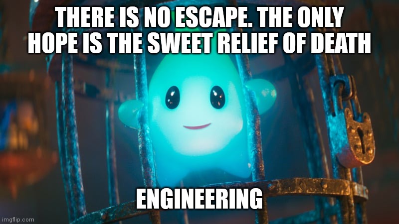 Lumalee | THERE IS NO ESCAPE. THE ONLY HOPE IS THE SWEET RELIEF OF DEATH; ENGINEERING | image tagged in lumalee | made w/ Imgflip meme maker