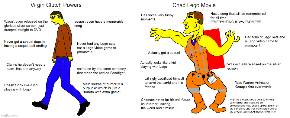 Lego Virgin vs. Chad | image tagged in the lego movie,memes,virgin vs chad,dank memes,funny,funny memes | made w/ Imgflip meme maker