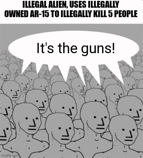 Liberal Logic: If only we had passed an assault weapons ban then it would have been extra illegal and the undocumented migrant w | ILLEGAL ALIEN, USES ILLEGALLY OWNED AR-15 TO ILLEGALLY KILL 5 PEOPLE; It's the guns! | image tagged in npcprogramscreed,liberal logic,democrats,gun control | made w/ Imgflip meme maker