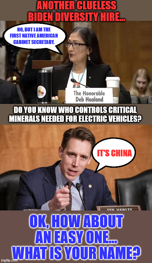 What did you expect when their top job criteria is diversity... | ANOTHER CLUELESS BIDEN DIVERSITY HIRE... NO, BUT I AM THE FIRST NATIVE AMERICAN CABINET SECRETARY. DO YOU KNOW WHO CONTROLS CRITICAL MINERALS NEEDED FOR ELECTRIC VEHICLES? IT'S CHINA; OK, HOW ABOUT AN EASY ONE... WHAT IS YOUR NAME? | image tagged in hawley laser eyes,diversity,you're hired | made w/ Imgflip meme maker