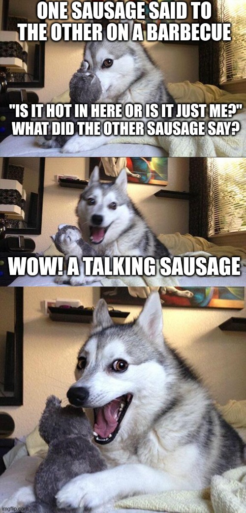 Bad Pun Dog Meme | ONE SAUSAGE SAID TO THE OTHER ON A BARBECUE; "IS IT HOT IN HERE OR IS IT JUST ME?"
WHAT DID THE OTHER SAUSAGE SAY? WOW! A TALKING SAUSAGE | image tagged in memes,bad pun dog | made w/ Imgflip meme maker