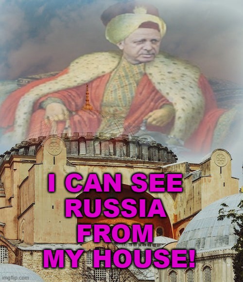 I Can See Russia From My House! | I CAN SEE 
RUSSIA 
FROM 
MY HOUSE! | image tagged in the new sultan erdogan | made w/ Imgflip meme maker