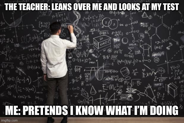 Is this just me? | THE TEACHER: LEANS OVER ME AND LOOKS AT MY TEST; ME: PRETENDS I KNOW WHAT I’M DOING | image tagged in math,relatable,school | made w/ Imgflip meme maker