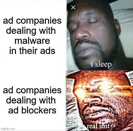 They snooze, we lose | ad companies dealing with 
malware in their ads; ad companies dealing with 
ad blockers | image tagged in memes,sleeping shaq | made w/ Imgflip meme maker