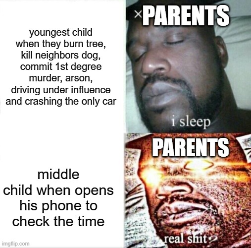 Sleeping Shaq Meme | PARENTS; youngest child when they burn tree, kill neighbors dog, commit 1st degree murder, arson, driving under influence and crashing the only car; PARENTS; middle child when opens his phone to check the time | image tagged in memes,sleeping shaq,funny | made w/ Imgflip meme maker