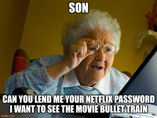 Grandma Finds The Internet Meme | SON; CAN YOU LEND ME YOUR NETFLIX PASSWORD I WANT TO SEE THE MOVIE BULLET TRAIN | image tagged in memes,grandma finds the internet | made w/ Imgflip meme maker