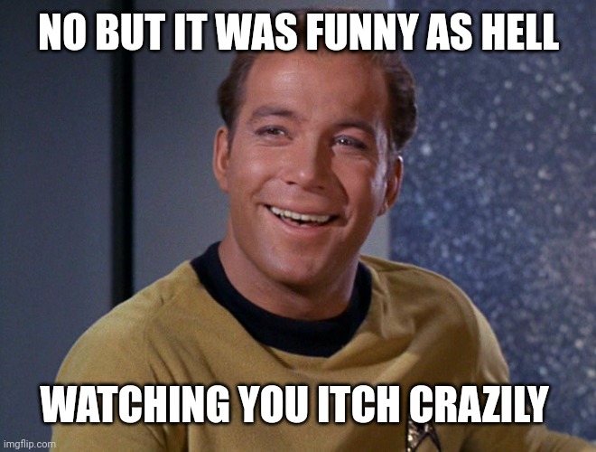 kirk | NO BUT IT WAS FUNNY AS HELL WATCHING YOU ITCH CRAZILY | image tagged in kirk | made w/ Imgflip meme maker