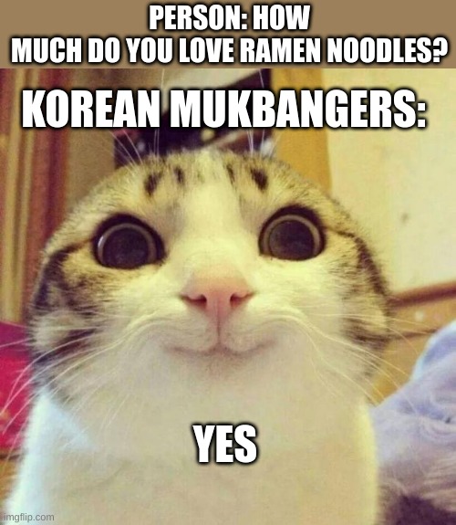 Saw this on a mukbang vid | PERSON: HOW MUCH DO YOU LOVE RAMEN NOODLES? KOREAN MUKBANGERS:; YES | image tagged in memes,mukbang,korean | made w/ Imgflip meme maker