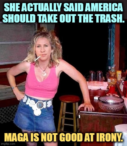 Clueless | SHE ACTUALLY SAID AMERICA SHOULD TAKE OUT THE TRASH. MAGA IS NOT GOOD AT IRONY. | image tagged in marjorie taylor greene mtg on her day off hillbilly redneck,mtg,crazy,stupid,white trash,irony | made w/ Imgflip meme maker
