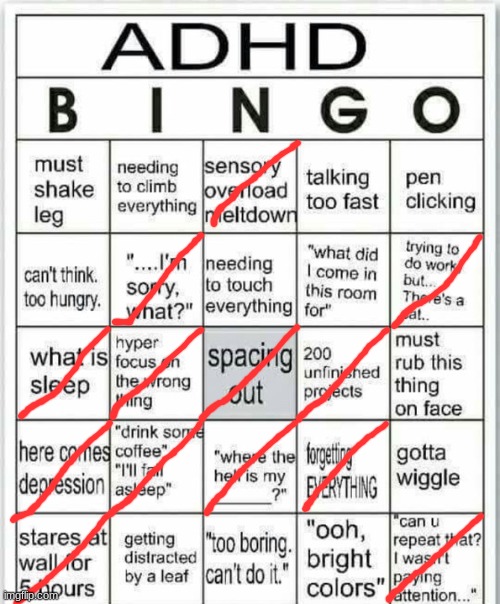 doing random bingos part 2 (i have adhd a little bit i think) | image tagged in adhd bingo | made w/ Imgflip meme maker