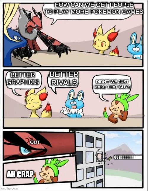 Pokemon board meeting | HOW CAN WE GET PEOPLE TO PLAY MORE POKEMON GAMES; BETTER GRAPHICS; BETTER RIVALS; DIDN'T WE JUST MAKE THAT GUYS; OUT!!!!!!!!!!!!!!!!!!!!! OUT; AH CRAP | image tagged in pokemon board meeting | made w/ Imgflip meme maker