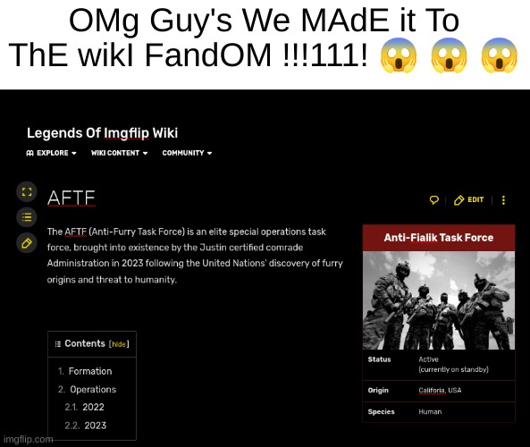 OMG | OMg Guy's We MAdE it To ThE wikI FandOM !!!111! 😱 😱 😱 | image tagged in aftf | made w/ Imgflip meme maker