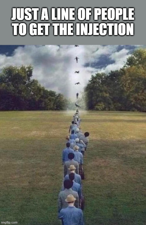 Vaccine line | JUST A LINE OF PEOPLE TO GET THE INJECTION | image tagged in line of people,vaccine,injection | made w/ Imgflip meme maker