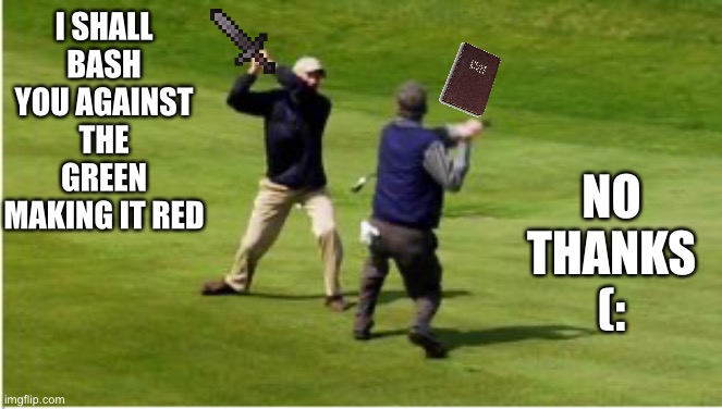 Golf fight | NO THANKS (:; I SHALL BASH YOU AGAINST THE GREEN MAKING IT RED | image tagged in golf fight | made w/ Imgflip meme maker