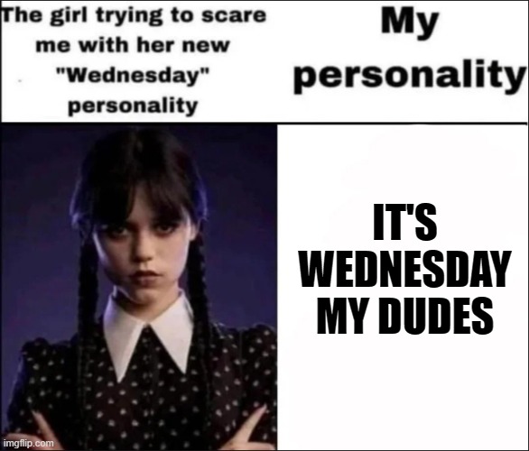 Literally one of the worst garbage posts I've made. | IT'S WEDNESDAY MY DUDES | image tagged in the girl trying to scare me with her new wednesday personality,it's wednesday my dudes | made w/ Imgflip meme maker