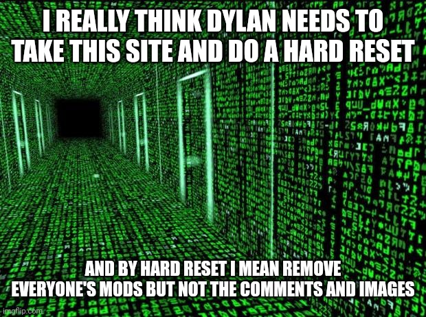 Matrix hallway code | I REALLY THINK DYLAN NEEDS TO TAKE THIS SITE AND DO A HARD RESET; AND BY HARD RESET I MEAN REMOVE EVERYONE'S MODS BUT NOT THE COMMENTS AND IMAGES | image tagged in matrix hallway code | made w/ Imgflip meme maker