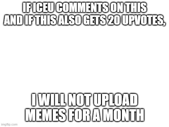 PlS dOnT iCeU i WiLl GiVb U 1 MiLlIOn MoNeH | IF ICEU COMMENTS ON THIS AND IF THIS ALSO GETS 20 UPVOTES, I WILL NOT UPLOAD MEMES FOR A MONTH | image tagged in blank white template | made w/ Imgflip meme maker