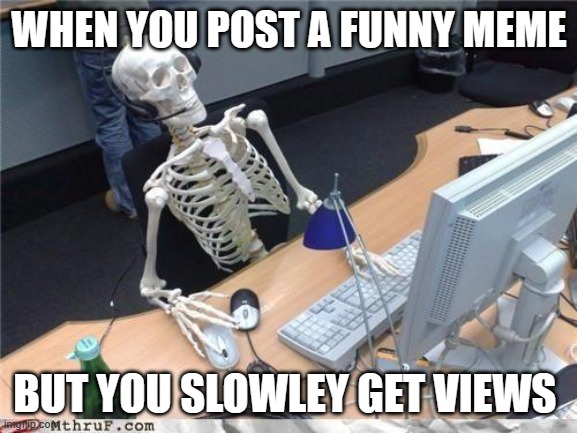 Why :( | WHEN YOU POST A FUNNY MEME; BUT YOU SLOWLEY GET VIEWS | image tagged in waiting skeleton | made w/ Imgflip meme maker