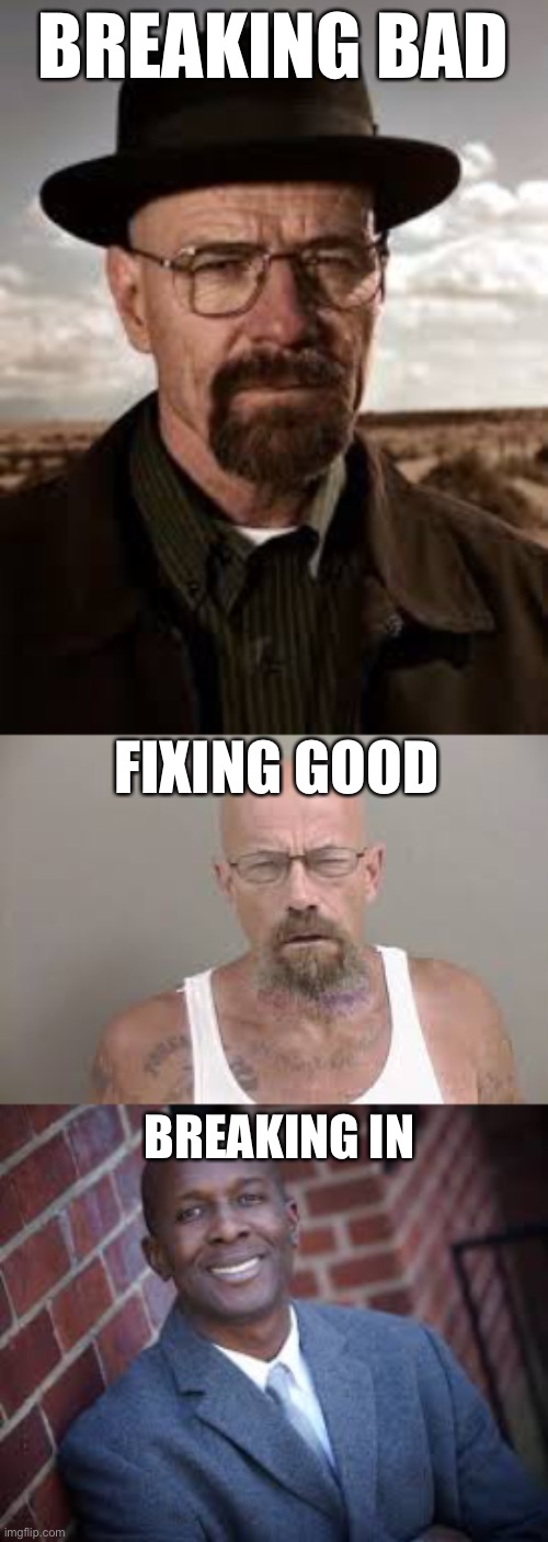 That last one kinda scary ? | BREAKING BAD; FIXING GOOD; BREAKING IN | image tagged in breaking bad,dark humor | made w/ Imgflip meme maker