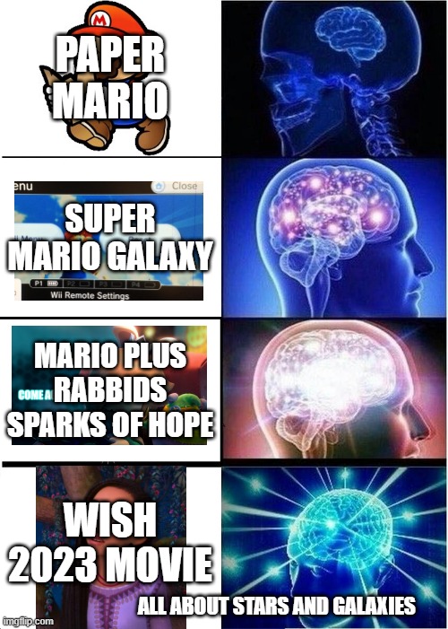 video game facts | PAPER MARIO; SUPER MARIO GALAXY; MARIO PLUS RABBIDS SPARKS OF HOPE; WISH 2023 MOVIE; ALL ABOUT STARS AND GALAXIES | image tagged in memes,expanding brain,wish,super mario bros,stars,paper mario,SuperMarioGalaxy | made w/ Imgflip meme maker