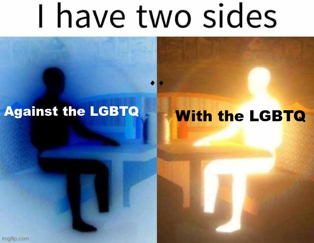Literally me | With the LGBTQ Against the LGBTQ | image tagged in i have two sides,shitpost,neutral,oh wow are you actually reading these tags | made w/ Imgflip meme maker
