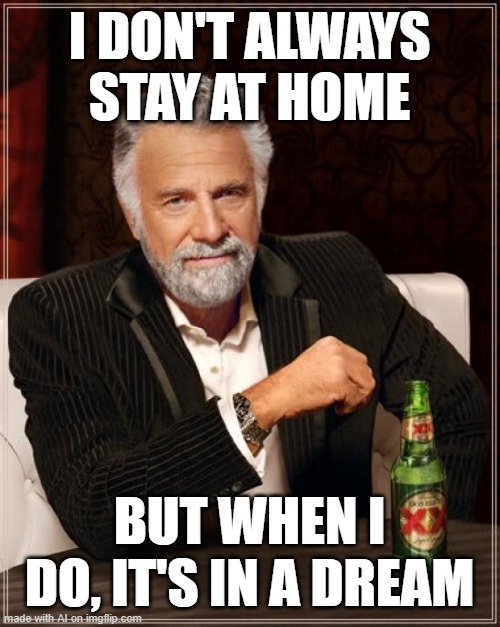 The Most Interesting Man In The World | I DON'T ALWAYS STAY AT HOME; BUT WHEN I DO, IT'S IN A DREAM | image tagged in memes,the most interesting man in the world | made w/ Imgflip meme maker