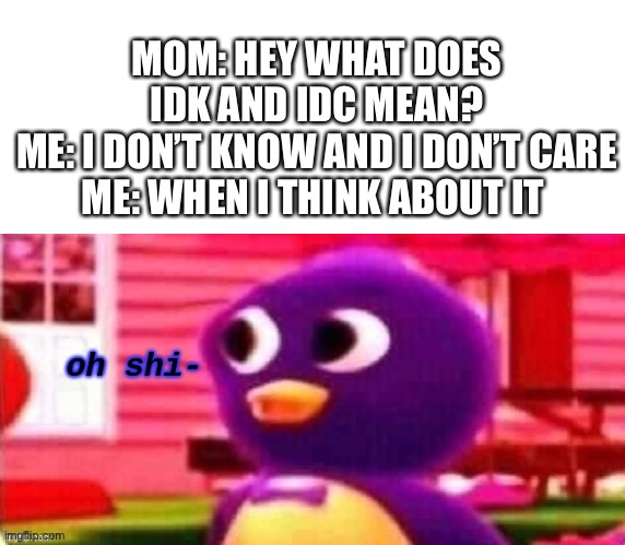 I’m dead, I’ll see you in the afterlife | MOM: HEY WHAT DOES IDK AND IDC MEAN?
ME: I DON’T KNOW AND I DON’T CARE
ME: WHEN I THINK ABOUT IT | image tagged in oh shi- | made w/ Imgflip meme maker