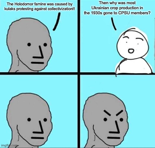 Socialism is when everyone is equal. Of course, some are more equal than others. | Then why was most Ukrainian crop production in the 1930s gone to CPSU members? The Holodomor famine was caused by kulaks protesting against collectivization!! | image tagged in npc meme,socialism,leftists,stupid sheep,communism | made w/ Imgflip meme maker