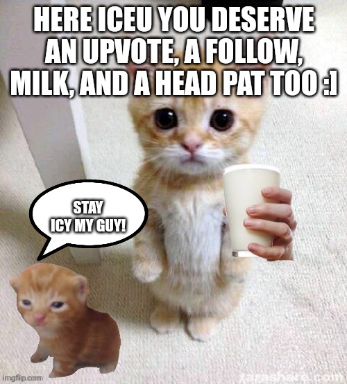 Actually everyone gets one ;] | HERE ICEU YOU DESERVE AN UPVOTE, A FOLLOW, MILK, AND A HEAD PAT TOO :]; STAY ICY MY GUY! | image tagged in el gato | made w/ Imgflip meme maker