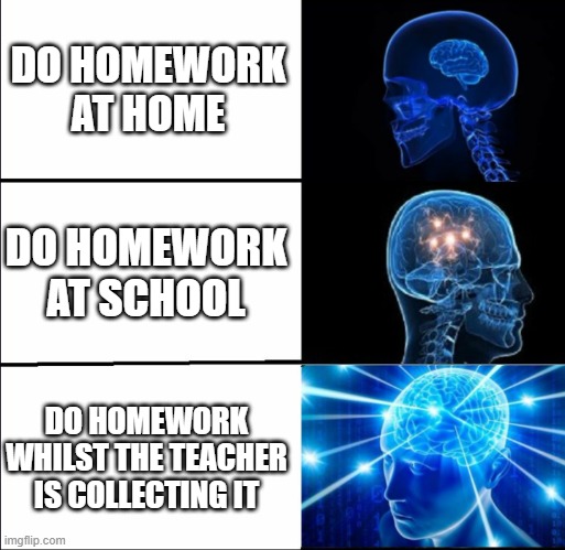 Galaxy Brain (3 brains) | DO HOMEWORK AT HOME; DO HOMEWORK AT SCHOOL; DO HOMEWORK WHILST THE TEACHER IS COLLECTING IT | image tagged in galaxy brain 3 brains | made w/ Imgflip meme maker