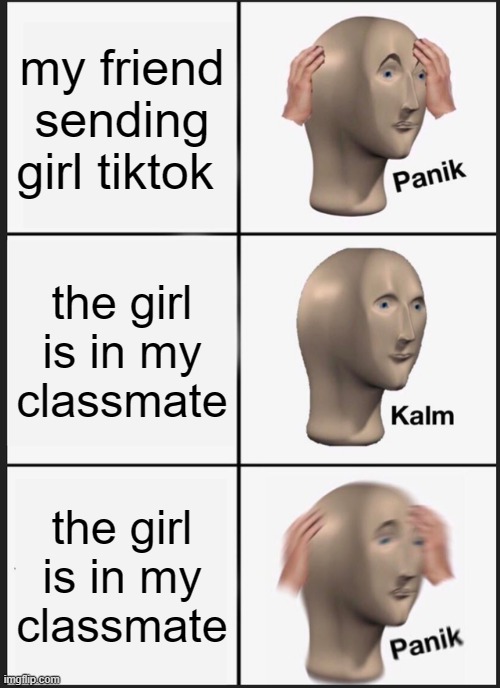 tiktok is cringe | my friend sending girl tiktok; the girl is in my classmate; the girl is in my classmate | image tagged in memes,panik kalm panik | made w/ Imgflip meme maker